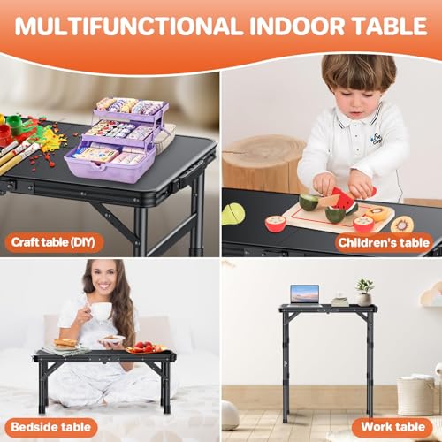 FUNYKICH Camping Table with Waterproof Plastic Tabletop 22.8''x15.7'', 3 Height Adjustable Small Folding Table, Lightweight Portable Picnic Table with Carry Handle for Picnic, Beach, Travel, Black - color: Black