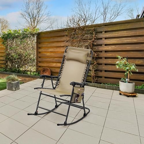 Yaheetech 26in Rocking Chair Outdoor Zero Gravity Folding Chairs Rocking Chairs Foldable Outdoor Lounge Chair for Outside Lawn with Cupholder/Pillow Ergonomic Design for Rest, Set of 2 - color: Beige, size: 2 Pcs