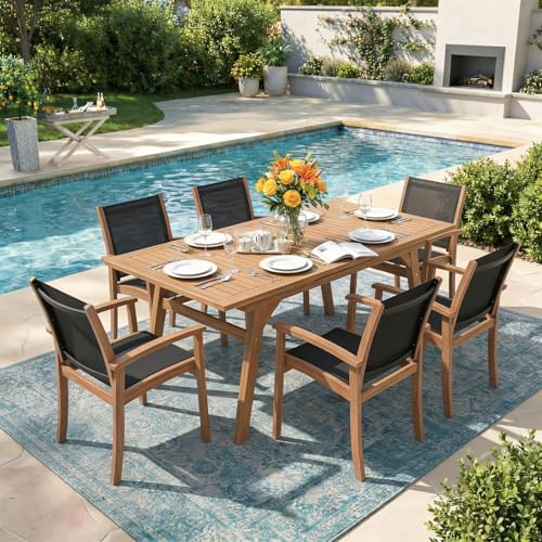 OC Orange-Casual Patio Furniture Set, Acacia Wood Patio Dining Set for 6-8, Outdoor Expandable Table and Chairs Set with Umbrella Hole and Breathable Textilene Fabric for Garden (Black, 7 Pieces) - color: Black, size: 7 Pieces