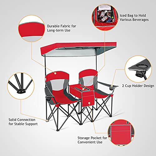 DORTALA Double Camping Chair with Canopy, 2 Person Folding Beach Chair with Canopy Shade, Table Beverage Holder and Storage Bag, Double Rocker Chair Outdoor for Camping, Beach, Picnic, Red - color: Red