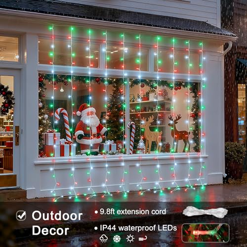 JMEXSUSS 300LED Red White and Green Christmas Curtain Lights with Remote, Indoor Christmas String Lights Plug in, Hanging Twinkle Lights for Bedroom Window Wall Yard Outdoor Xmas Decor, 9.8x9.8ft - color: Red White and Green, size: 300 LED