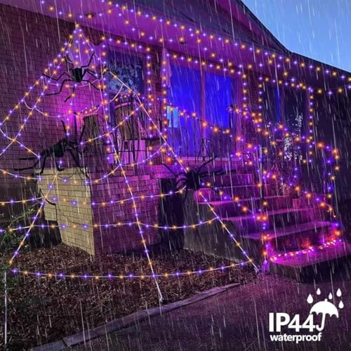 YEGUO Orange and Purple Halloween Lights Outdoor Waterproof, 4 Packs Each 33ft 100 LED Solar Fairy Light,8 Modes Black Wire String Lights - color: Orange and Purple