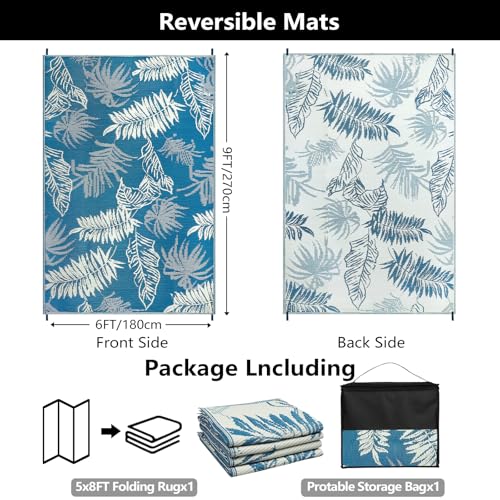 famibay Outdoor Rug Waterproof 6x9 Reversible Plastic Patio Rug Large Outdoor Carpet for Patio Lightweight UV-Resistant Portable Outdoor Camping Rug RV Mats for Porch Deck Balcony Backyard Picnic - color: Blue, size: 6' x 9'