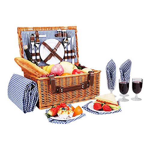 4 Person Wicker Picnic Basket Set, Large Willow Basket with Large Insulated Thermal Compartment, Free Waterproof Blanket & Cutlery Kit