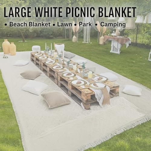 Extra Large Picnic Blankets, White Beach Blanket for Photoshoot, Woven Cotton Yarn Oversized Blanket with Fringe, Machine Washable, for Camping, Beach, Lawn, Wedding, Picnic, and Table Runners - color: White, size: 7'7" x 5'11" (Square)