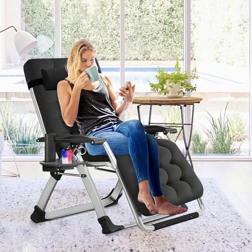Slsy Zero Gravity Chair, Reclining Lounge Chair with Removable Cushion & Tray for Indoor and Outdoor, Patio Recliner Folding Reclining Chair - color: Arctic Black, style: Zero Gravity Chair