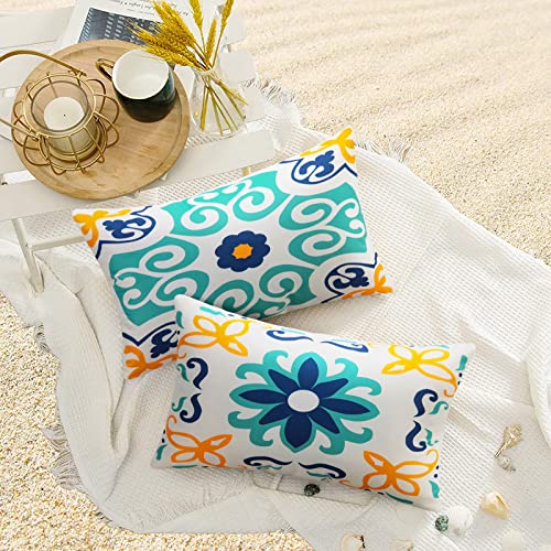 Pyonic Outdoor Waterproof Throw Pillow Covers Set of 4 Floral Printed and Boho Farmhouse Outdoor Pillow Covers for Patio Funiture Garden 12x20 Inch Blue - color: Blue, size: 20" x 12" (Pack of 4)