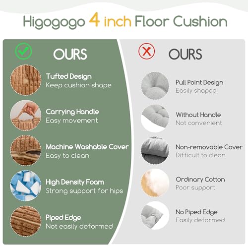 Washable Floor Pillow Cushion for Adults, Meditation Cushion Pillow, Removable Tufted Blended Corduroy Cover, Large Square Floor Sitting for Tatami Living Room or Yoga, 2Pack, Machine Washable - color: Square Coffee, size: 4" Thick(pack of 2)
