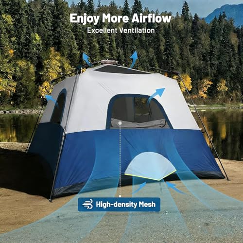 3/4 Person Camping Tent with 1 Door, 4 Windows, and Upgraded Ventilation– Instant Setup, Waterproof, 8'x 8'x 67''Oxford Fabric Floor Pop Up in 60 Seconds Includes Rainfly and Backpack - color: 4 Person -Dark Blue