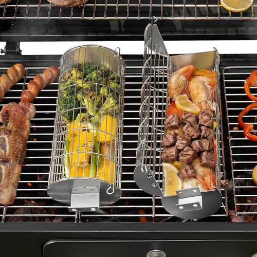 TNTOR Rolling Grill Basket, Larger 304 Stainless Steel Nesting Grilling Net, Removable Handle, BBQ Accessories Tools for Veg Shrimp, Outdoor Cooking Camping grilling gifts for men Dad Husband