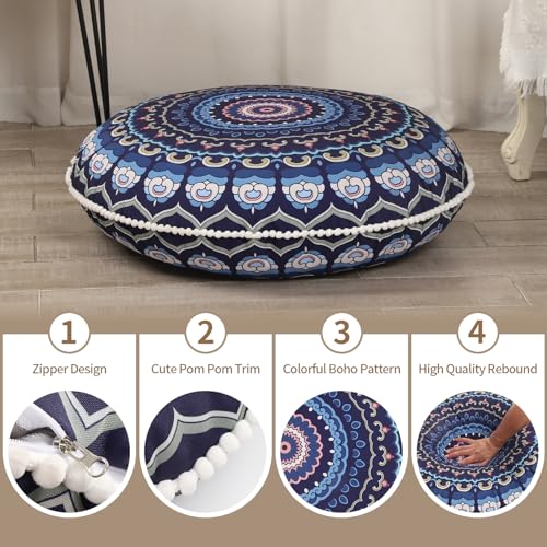 LOVMOC 32 Inch Round Floor Pillow for Adults, Large Thick Memory Foam Boho Mandala Meditation Floor Seating Cushion, Machine Washable for Living Room Outdoor Yoga Floor Sitting, Navy Blue - color: Navy Blue, size: 1 Count (Pack of 1)