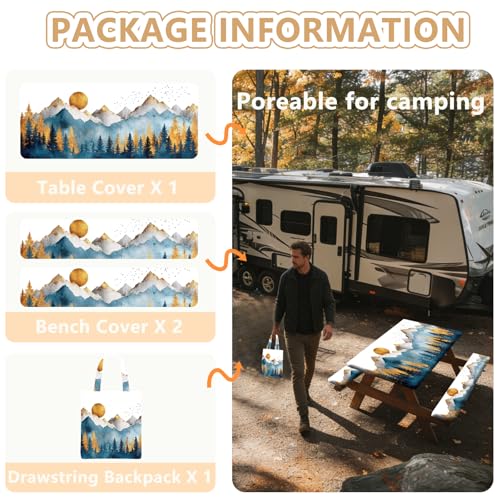 Picnic Table Cover with Bench Covers Elastic Edges, Outdoor Patio Camping Essentials 72 Inch 3PCS, Waterproof Camping Fitted Tablecloth with Handbags (Boho mountain) - color: Mountain View