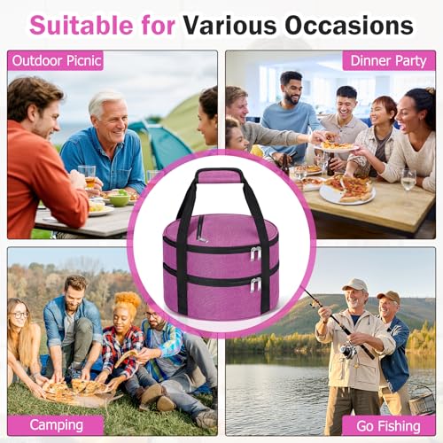 Round Double Insulated Casserole Carrier – 12" Portable Pie Carrier Bag for Hot or Cold Food, Leakproof Thermal Lunch Tote with Handle for Parties Picnic & Travel - Rose Red - color: Pink, size: Double