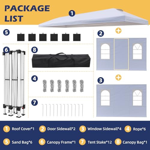 EROMMY 10x20 Heavy Duty Pop Up Canopy Tent with 6 Removable Sidewalls, Waterproof UV50+ Gazebo with Mosquito Netting, Easy Setup Instant Shelter for Backyard, Party, Wedding & Commercial Use, White - color: White, size: 10’x 20’