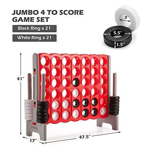 COSTWAY Jumbo 4-to-Score Giant Game Set, 4 in A Row for Kids and Adults, 3.5FT Tall Indoor & Outdoor Game Set with 42 Jumbo Rings & Quick-Release Slider, Perfect for Holiday Party & Family Game - color: Brown