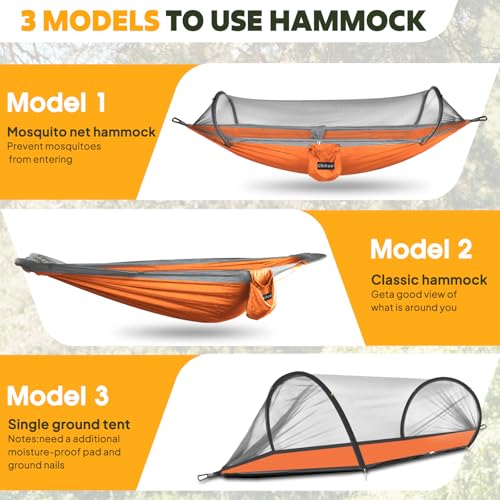 Chihee Ultra-Light Travel Camping Hammock Pop-up Net Hammock 660lbs Load Capacity,Breathable,Quick-Drying Parachute Nylon 2 Premium Carabiners,2 Tree Slings Included for Outdoor Backpacking Hiking - color: Orange/Grey