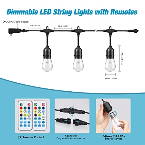 96FT Solar Outdoor String Lights, 30 Shatterproof Edison LED Bulbs, Dimmable RGB Color Changing Patio Lights Waterproof with Remote. for Patio Decor, Garden, Yard,Commercial Use. - size: S14 96FT