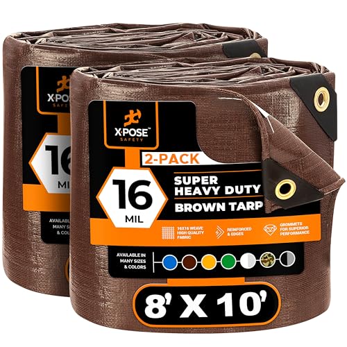 Xpose Safety Super Heavy-Duty 8' x 10' Brown Poly Tarp (2-Pack) - 16 Mil Waterproof & UV Resistant, Rip-Proof with Reinforced Edges & Grommets - color: Brown, size: 8' x 10' (2-Pack)
