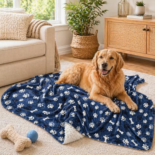 Waterproof Dog Blanket, Pattern Printing Super Soft Warm Fluffy Facecloth Sofa Car Bed Protector, Urine Proof Washable Outdoor Pet Blanket for Puppy Large Dogs & Cats(paw & Bone40*30) Blue - color: Blue | Bone, size: Medium