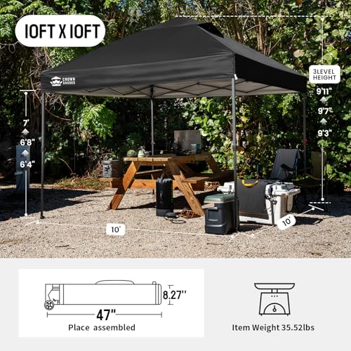 CROWN SHADES 10x10 Pop Up Canopy Tent - Patented Center Lock One Push Instant Outdoor Canopy Beach Tent with STO-N-Go Bag 8 Stakes & 4 Sand Bags，Black - style: Black