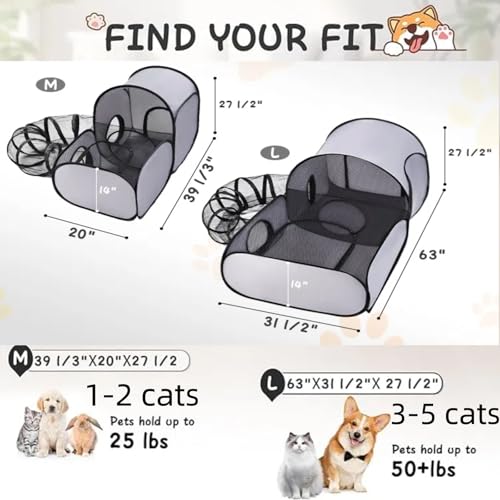 Tailtastic Dog Playpen with Surround Tunnel, Outdoor/Indoor Cat Playpen with Breathable Soft Sides，Tailtastic Cat Enclosure Tent for Small Animals, Portable Cat Tent with Carry Bag (Large)