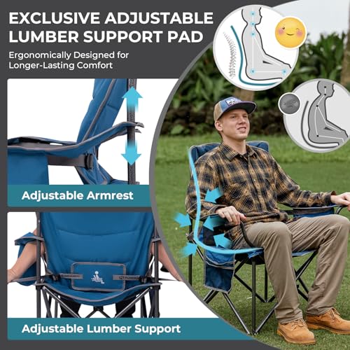 FUNDANGO Oversized Camping Chairs for Adults, Heavy Duty Fold Up Sports Games Lawn Chairs, Extra Wide Big Man Outdoor Chairs with Padded Lumbar Support Backrest, Bag Included for Camp, Outside, Beach - color: Blue/Grey With Lumber Support 1 Pack