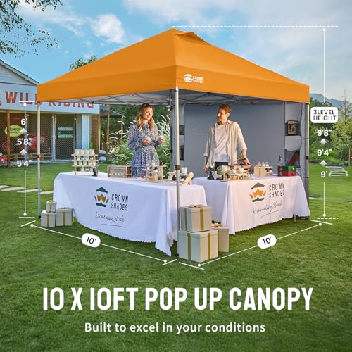 CROWN SHADES Canopy Tent, 10 x 10 Foot Portable Pop Up Outdoor Shelter with Pocket Sidewall, Push Center Lock, UV Protection, and Carry Bag, Orange - color: Orange