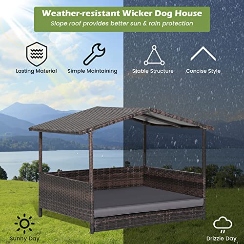 Tangkula Wicker Dog House, Indoor Outdoor Raised Rattan Dog Bed w/Removable Cushion, Washable Cover, Weatherproof Roof, Rattan Puppy Shelter w/Elevated Floor for Small Medium Dogs (Grey) - style: Grey