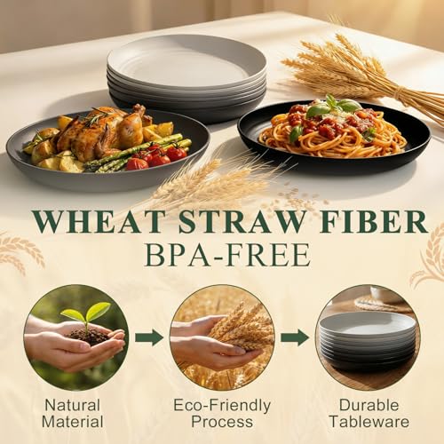 Salad Plates Set for 8, Unbreakable Wheat Straw Plates 9 Inch, Round Dinner Plates for Camping, Picnic, Travel, Microwavable Kitchen Plates for Vegetable, Charcuterie, Pizza - BlackGrey - color: blackgrey, size: 9 inch