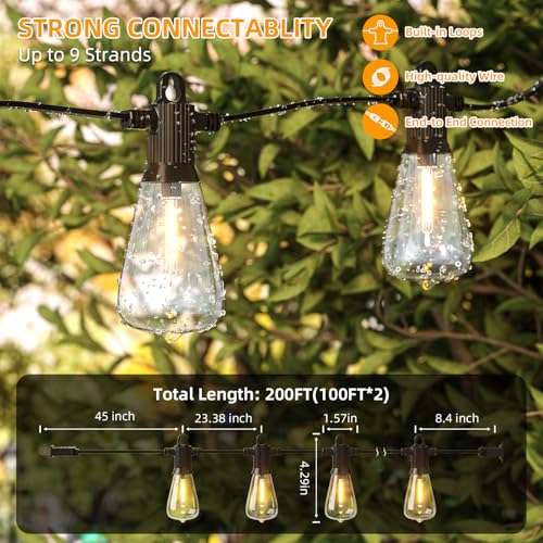 FOOMAN LED Outdoor String Lights, 200FT Outside Waterproof Patio Lights with 100+4 Shatterproof ST38 Edison Bulbs, 2700K Warm White Hanging Light, Dimmable Light for Backyard Porch Gazebo(100FT x 2) - size: 200FT(100FT×2PACK)