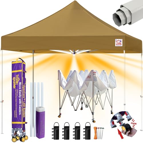 Tradesparker 10x10 Pop Up Canopy Tent,Commercial Movable Canopy with ApexCore LED&Rugged Casters-Instant Easy Setup Shelter Canopies with Weight Bags&Stakes for Outdoor Events Markets Vendors,Khaki - color: Khaki, size: 10x10