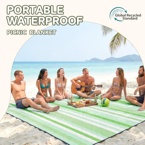 Genovega Waterproof Beach Blanket Picnic Outdoor Mat Rug Adult Women Her Sister Mom Gf Girlfriend Aunt Auntie Titi Best Friend Friendship Bestie Wife Daughter in Law Lady Happy Birthday Cool Unique - color: Mint White Stripe, size: 6'8" x 6'8" (Square)