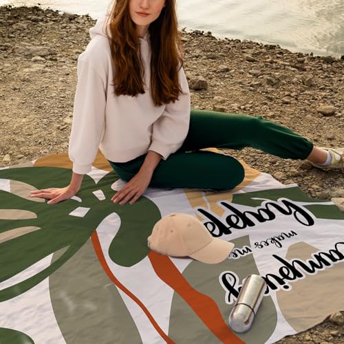 Camping Boho Pocket Picnic Blankets, Camp Mini Beach Camping Blanket Waterproof Sandproof, Botanical RV Decorative Outdoor Picnic Blanket Mat Gifts for Camper Campsite Travel Hiking 55x60in - color: Leaf