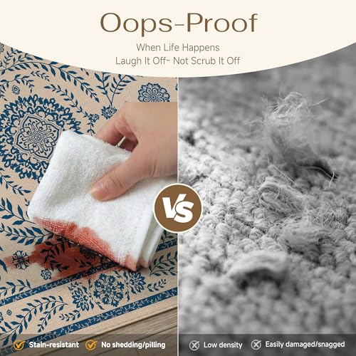 HUGEAR 5x8 Vintage Jute Outdoor Indoor Rug Washable Linen Textured Weave High Traffic Stain Resistant Non Slip Durable Carpet for Livingroom Patio Deck Balcony Courtyard (Floral Blue, 5' x 8') - color: Floral / Blue, size: 5'x8' (Rectangular)