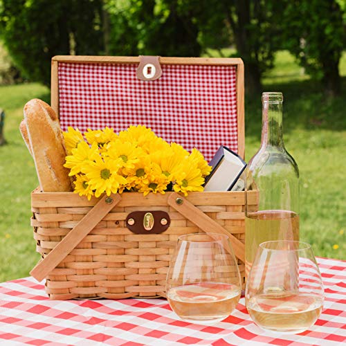 Wickerwise Gingham Lined Woodchip Picnic Basket with Lid and Movable Handles - size: Size: 12. 5" X 7. 5" X 7. 5"