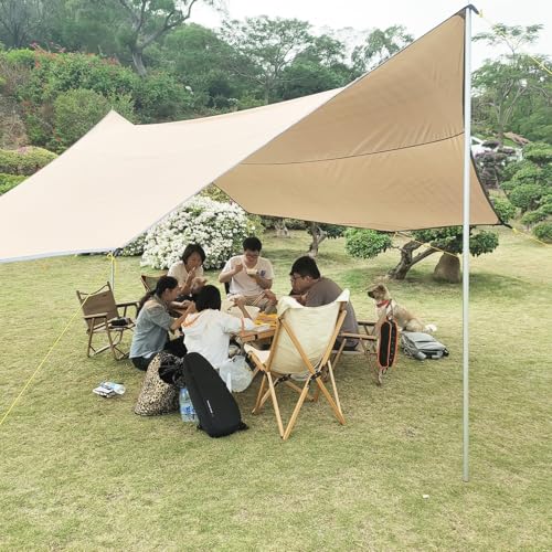 16x16 ft Large Camping Tarp Waterproof Hammock Rain Fly Camping Awning Khaki (Including Poles) - color: Khaki (Including Poles)