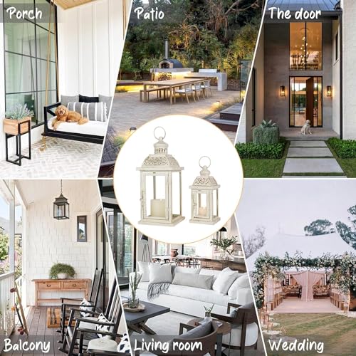 Large Lantern Decorative Outdoor & Indoor, Set of 2 (14’’&10’’) Metal Candle Lanterns Decor, Vintage Hanging Candle Holder for Front Porch Patio Wedding Farmhouse Home, Spring Decoration - color: Begie / 14.4’’h + 9.8’’h