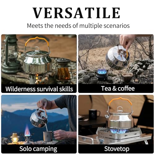 Camping Kettle, Portable Stainless Steel 1.4L Food Grade Water Kettle, Large Opening with Heat-Resistant Handle, Suitable for Gas, Induction Cooktop, Open Flame, Electric Stove, Silver
