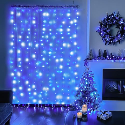 JMEXSUSS 300LED Christmas Curtain Lights Plug in with Remote, Blue and White Christmas Lights Indoor Outdoor, 8 Modes Hanging Fairy String Lights for Bedroom Window Wall Yard Patio Decor, 9.8x9.8ft - color: Blue and White, size: 300 LED