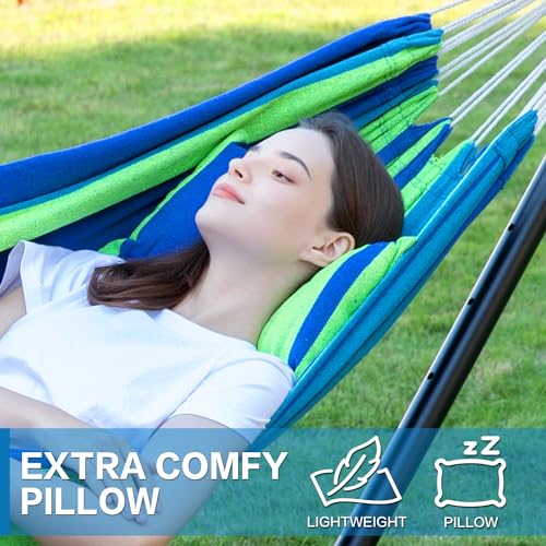 PNAEUT Double Hammocks with Stand for Outside, Portable Space Saving Heavy-Duty Steel Stand for Indoor Outdoor Patio with Sidebag, 450 lbs Capacity (Blue) - color: Blue
