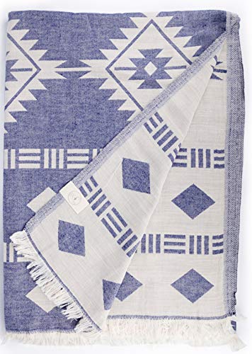 Bersuse 100% Cotton Belize XL Throw Blanket Turkish Towel Beach Blanket - Beach Camping Essentials - 75x90 Inches, Dark Blue - color: Dark Blue2