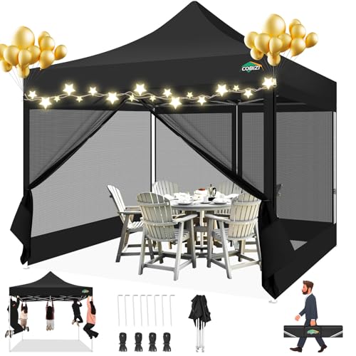 COBIZI 10x10 Canopy Tent with 4 Sidewalls,Heavy Duty Pop up Canopy with Mosquito Netting,Easy up Screen Tent for Parties Wedding Outdoor Camping with Handbag,Black - color: Black, size: 10x10FT(Standard)