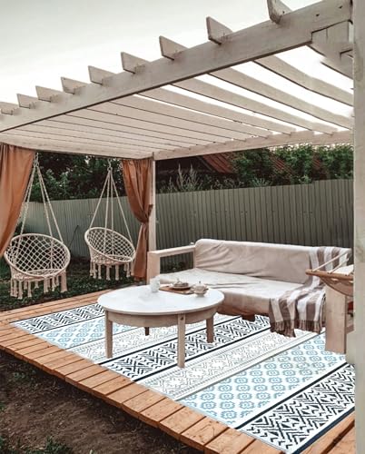 Outdoor Plastic Patio Rugs – 6x9, Grey, Teal, Durable and Affordable Multipurpose Woven Plastic Straw Recycled All-Weather and Waterproof Rug Reversible Camper Mats 7018 - color: Grey, Teal, size: 6' x 9' (Rectangular)