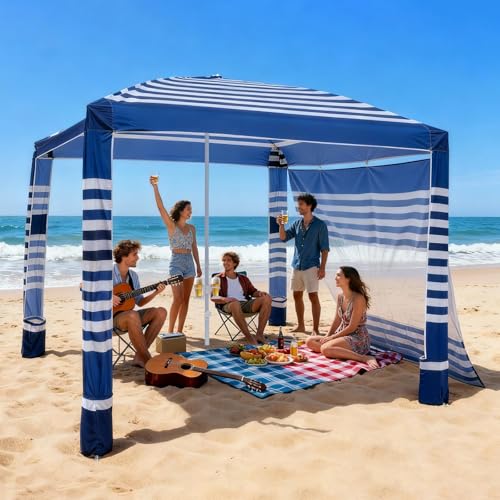 VEVOR Beach Cabana, 8 x 8 ft Beach Canopy with Side Wall, UPF 50+ Protection Easy Setup Cabana Tent with Sand Pockets, Adjustable Height Portable Shade Sun Shelter Umbrella for Family, Navy Stripes - color: Navy Stripes, size: 8*8