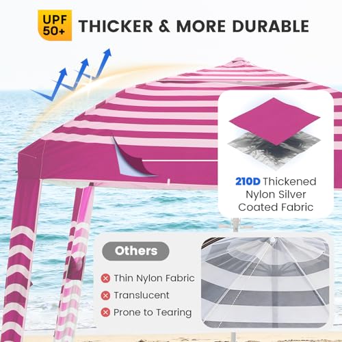 Zeraty Beach Cabana 8'×8', Portable Beach Canopy with Side Wall, UPF 50+ Silver-Coated Beach Tent Sun Shelter, Wind Resistant Adjustable Altitude Beach Umbrella Tent for Family, Pink - color: Pink