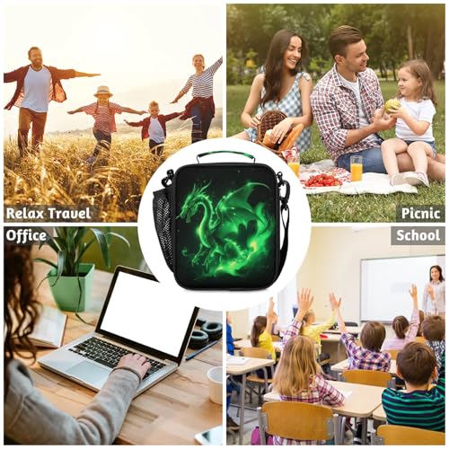 Green Dragon Lunch Bag Boys, Insulated Lunch Box with Side Pocket Reusable Leakproof Lunchbox Cooler Tote for School Picnic Travel - color: Green Dragon