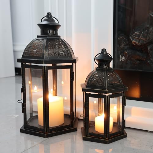 Large Lantern Decorative Outdoor & Indoor, Set of 2 (15’’&11’’) Metal Candle Lanterns Decor, Vintage Hanging Candle Holder for Front Porch Patio Wedding Farmhouse Home, Spring Decoration - color: Black / 14.6''h+10.8''h