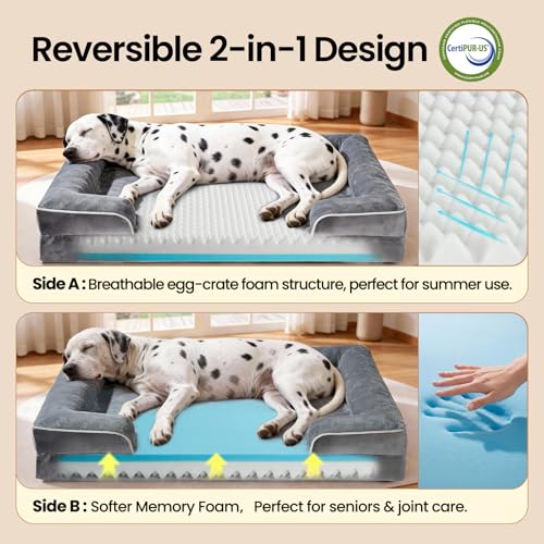 OhGeni Orthopedic Dog Bed Couch Big Cat Sofa for Jumbo Sized Pets with Memory Foam, Machine-Washable Waterproof Removable Cover, Soft Comfortable Fabric, 52-inch (Gray) - color: 01-Gray, size: 52"x41"x9"