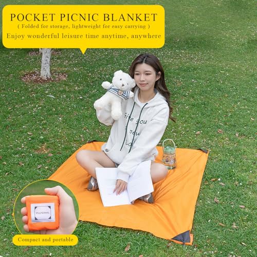 LumiSyne Mini Pocket Picnic Blanket with 4 Fixed Stakes Foldable Portable Picnic Mat Rug Lightweight Waterproof Beach Blanket Multifunctional Thin Ground Sheet for Camping Hiking Travel - color: Orange, size: 110 x 145 cm