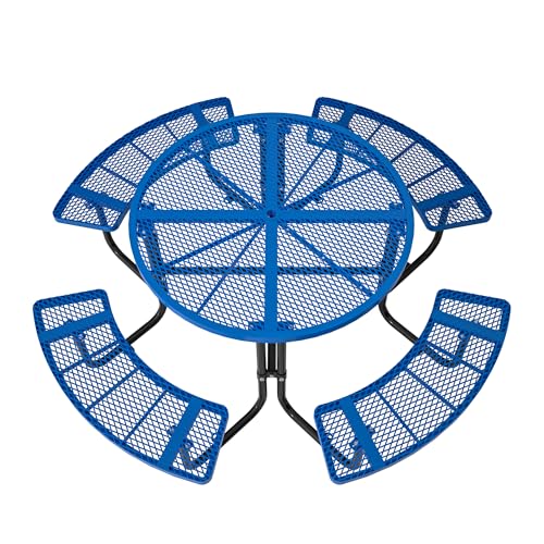 46-inch Blue Round Outdoor Picnic Table with Umbrella Hole Heavy Duty Coated Steel Metal Patio Dining Set for Garden, Courtyard, BBQ & Commercial Use - color: Blue-round